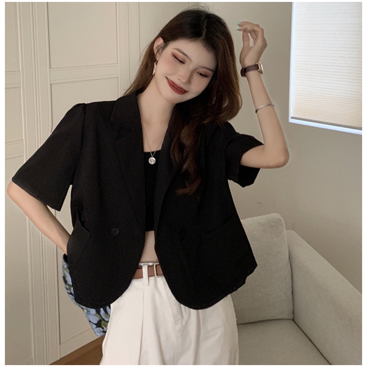 EUNII Blezer Wanita Lengan Pendek Kasual Crop Top Baju Wanita Korean Style