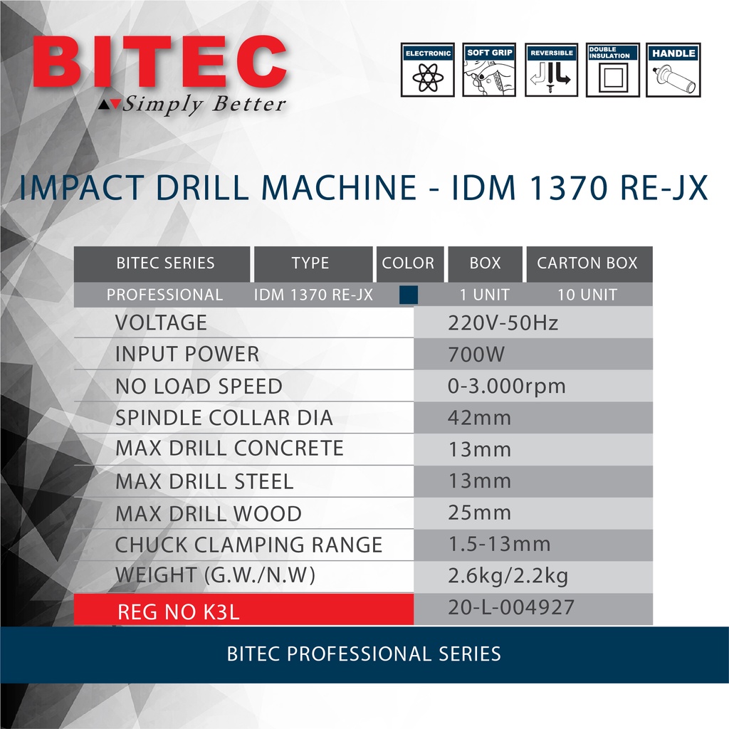 BITEC - MESIN BOR TANGAN PROFESSIONAL / DRILL MACHINE - IDM 1370 RE-JX - GARANSI RESMI 1 TAHUN