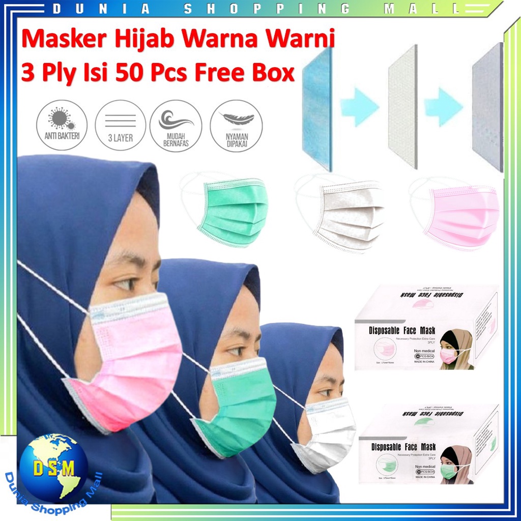 DSM MASKER HIJAB WARNA WARNI 3 PLY ISI 50 PCS MASKER HIJAB MEDIS 3PLY HEADLOOP