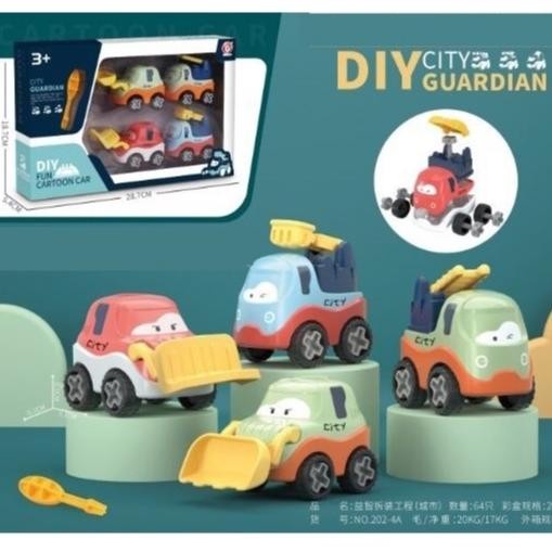 PROMO MAINAN DIY MOBIL CITY TRUCK 4 PCS FUN CARTOON CAR MAINAN ANAK BELOFTY TERLARIS