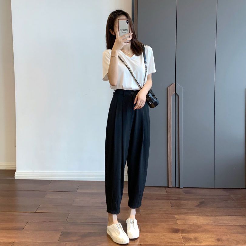 Suit cropped pants wanita baru musim semi dan musim gugur longgar celana kasual berpinggang tinggi