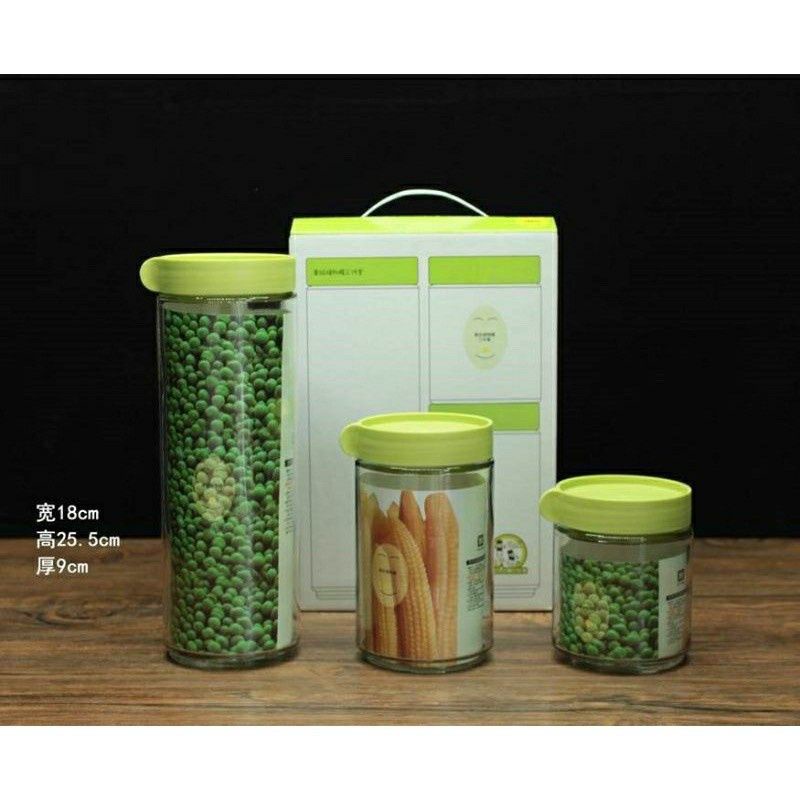 JMall Toples Kaca 1Set isi 3pcs. Warna Hijau Evergreen - Toples Kaca Tebal Untuk Kue Lebaran Idul Fi