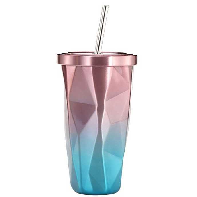 OLOEY Gelas Tumbler Kopi Teh Stainless Dengan Tutup Sedotan 500ml AD57