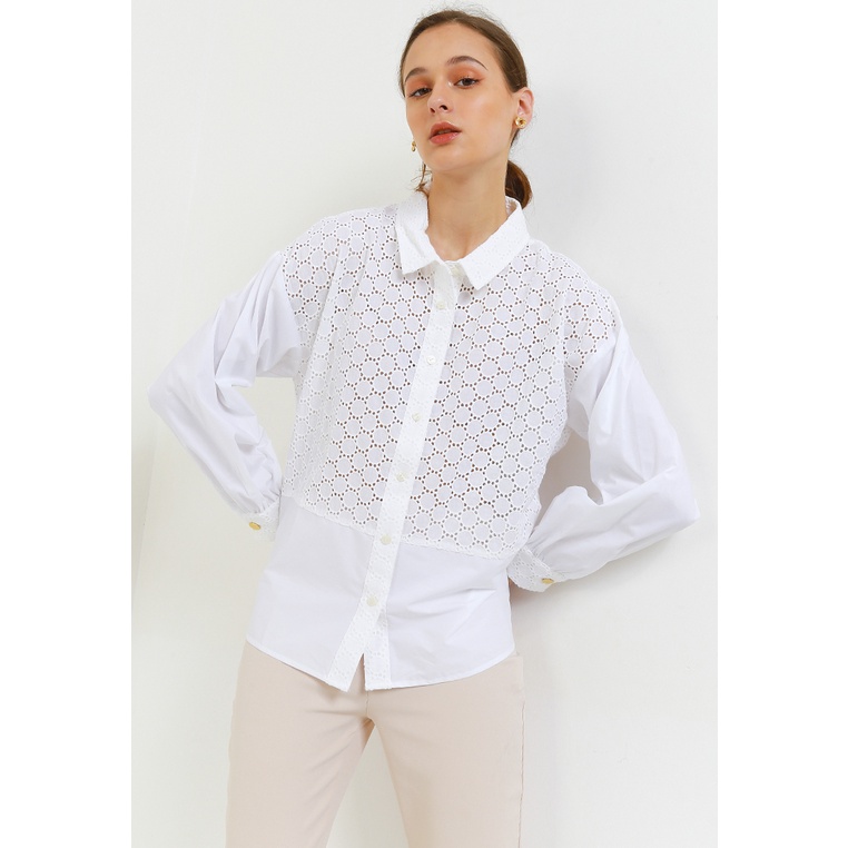 Kemeja Wanita Benang Jarum Original Cewek Dengan Detail Poliester Cotton Lace Shirt Perempuan