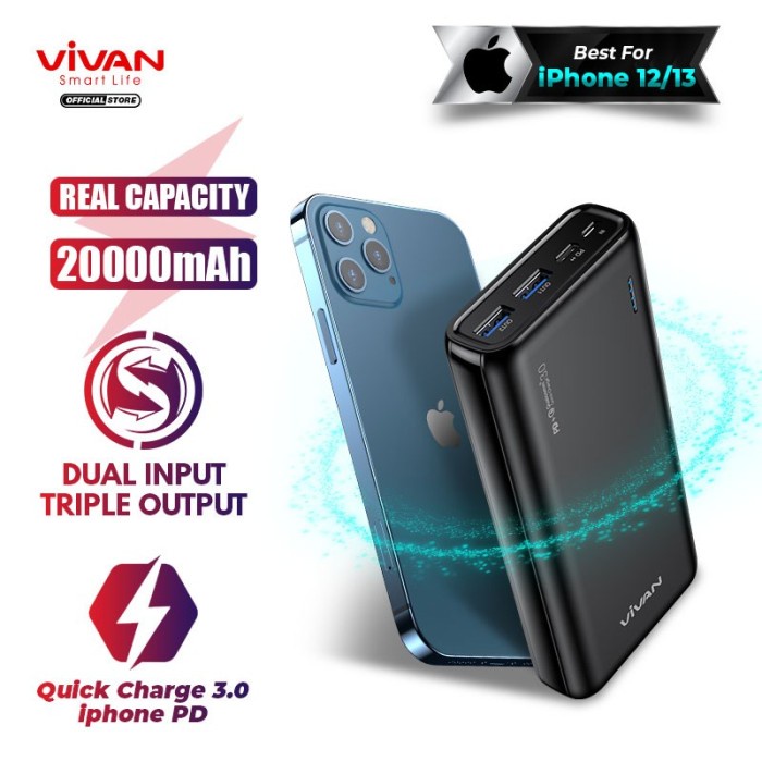 POWERBANK 20000MAH ORIGINAL VIVAN VPB-A20 DUAL INPUT 3 OUTPUT 22.5W