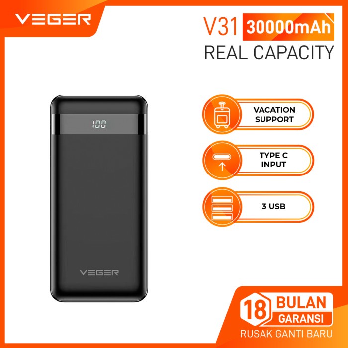 VEGER POWERBANK V31 30000MAH 3 USB OUTPUT 2.4A LED DIGITAL DISPLAY