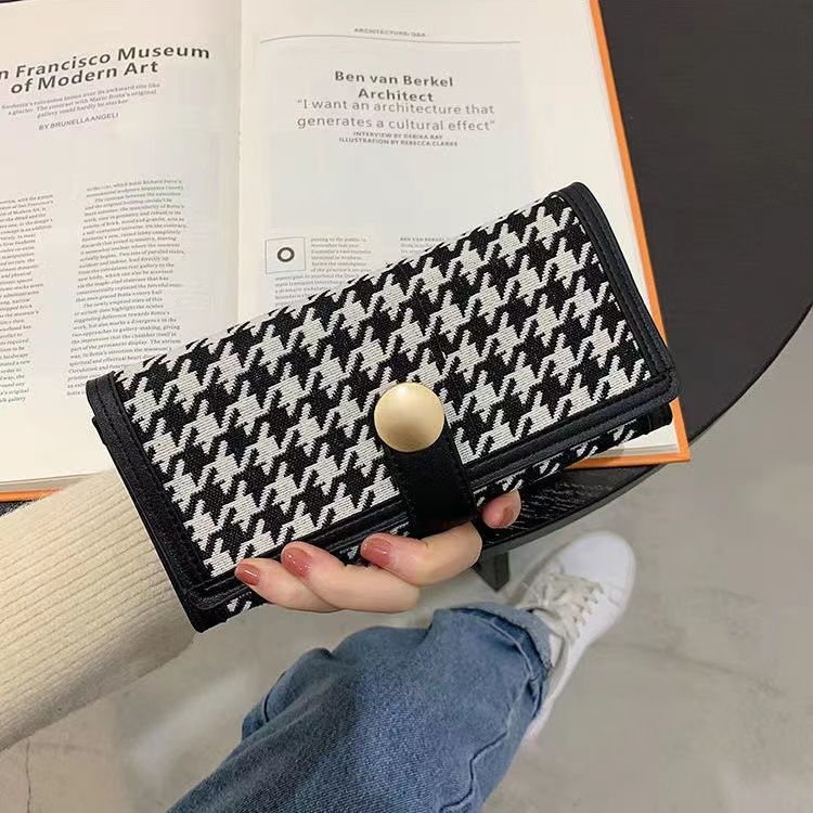 Sera Net Merah Houndstooth Dompet Wanita Serbaguna Korea Koin Lipat Tiga Klip Multi-Slot Kartu Lucu pemegang Kartu Kopling Panjang