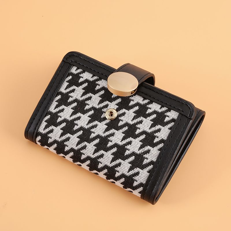 Sera baru kanvas houndstooth dompet kecil wanita paragraf pendek warna kontras lipat klip koin multi-kartu gesper tas genggam panjang