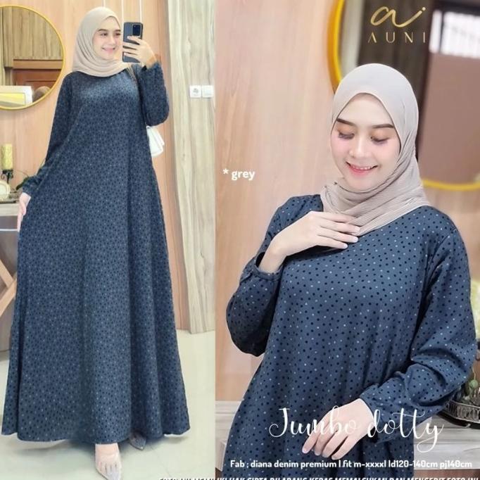Terbaik Jumbo Dotty Maxy Dress Wanita Gamis Muslim Lebaran Diana Denim Premium Stok Terbatas