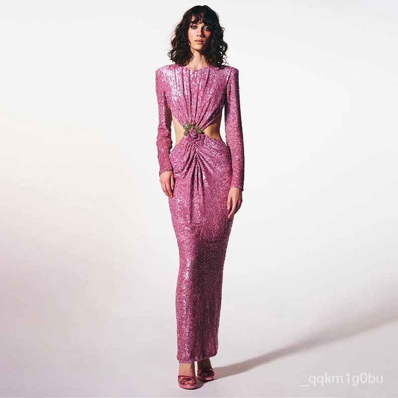 YIDINGZS 2023 Long Sleeve Sexy Backleess Sequin Party Evening Dress Women Night Reflective Dress