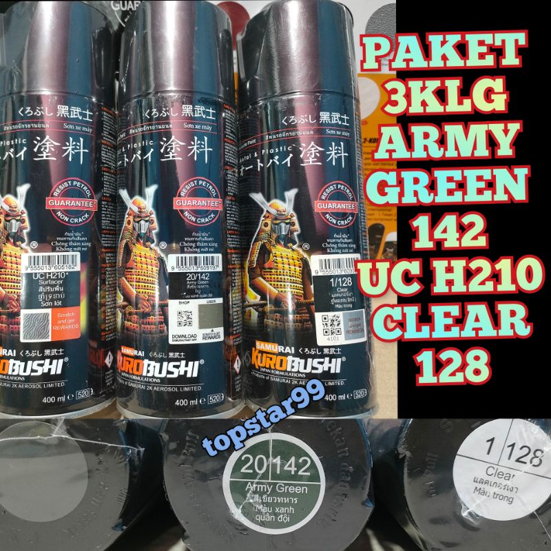 Samurai Paint Paket 3 Kaleng Pilok Pilox Cat Semprot Samurai Paketan Lengkap Hijau Tentara Army Green 142 Epoxy Surfacer UC H210 Clear Pernis Glossy 128 400ml