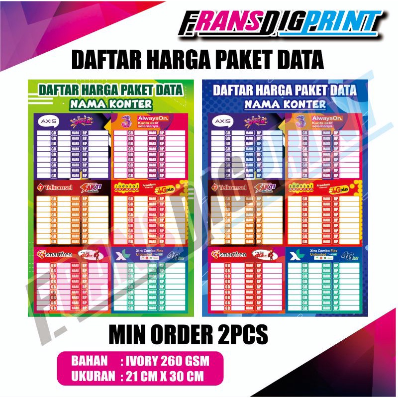 

poster daftar harga paket data // daftar harga voucher // poster konter