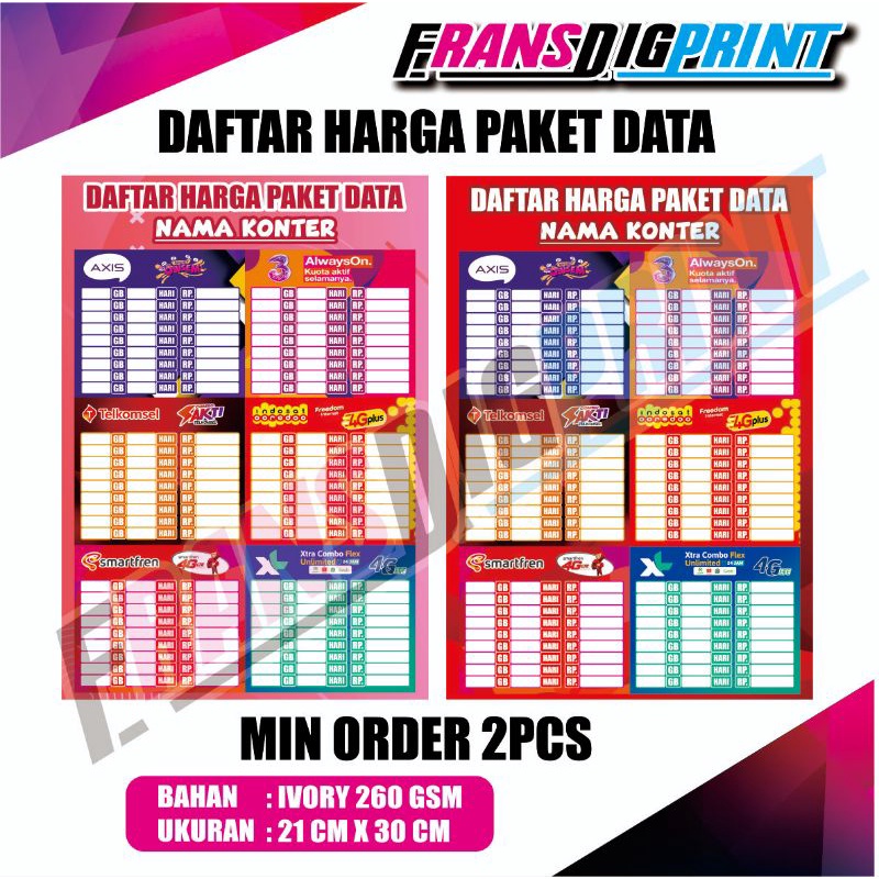 Dy Poster Daftar Harga Paket Data // Daftar Harga Voucher // Poster Konter Terbaik