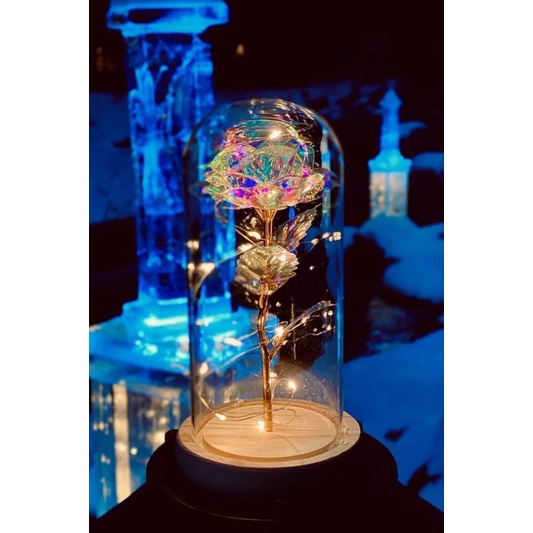 Glass Dome Lampu Meja Hias LED Mawar Beauty & The Beast Warm White