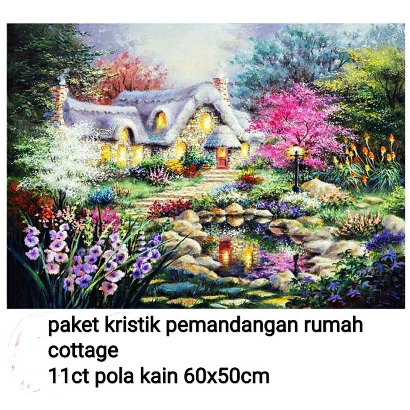 paket kristik pemandangan rumah cottage taman 11ct pola kain