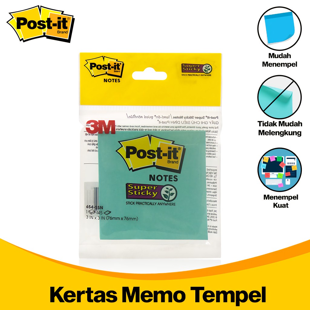 

3M Post-It Memo Tempel 45 Lembar 7.6 X 7.6 Cm Notes Super Sticky Note Kertas Catatan 3M-654-Ssn