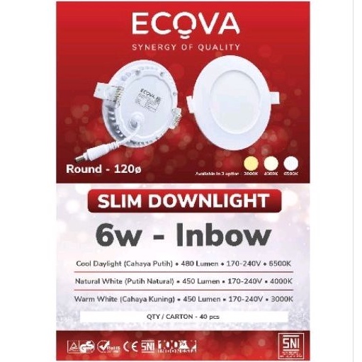 Lampu LED Slim Downlight 6 Watt BULAT Down Light 6W ROUND 4000K ECOVA Inbow SNI 6Watt