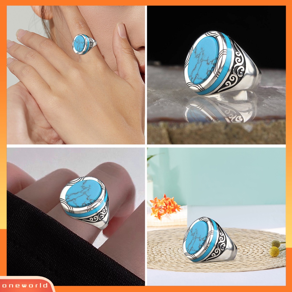 Perhiasan Cincin Pria Model Lebar Motif Ukir Hias Turquoise Imitasi Gaya Punk Retro