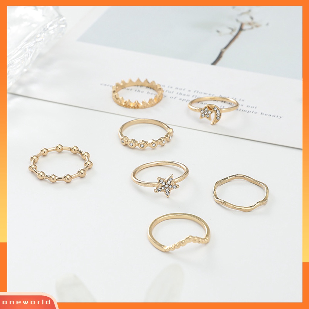 7 Pcs Cincin Geometris Bulan Bintang Aksen Berlian Imitasi Berkilau Untuk Wanita