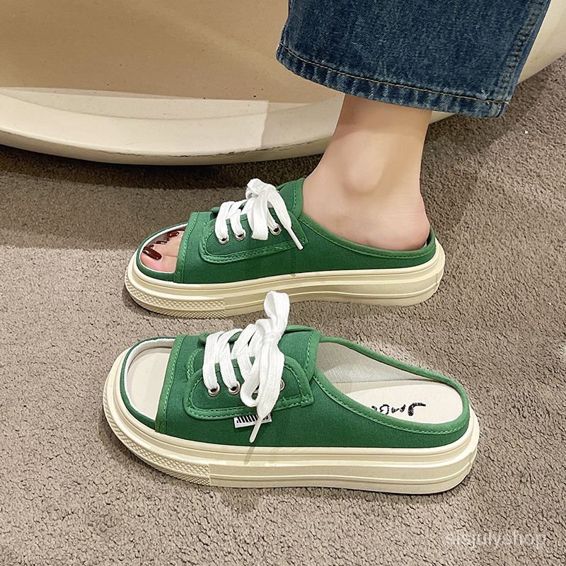 [✅BISA COD] #Sisjuly# Sepatu datar wanita / sandal setengah kanvas wanita / sandal wanita / mode bar