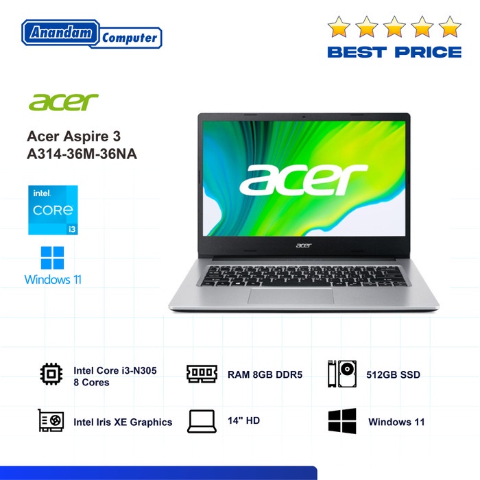 Laptop ACER A314-36M-36NA Core i3 N305 8GB SSD 512GB 14&quot; W11+OHS