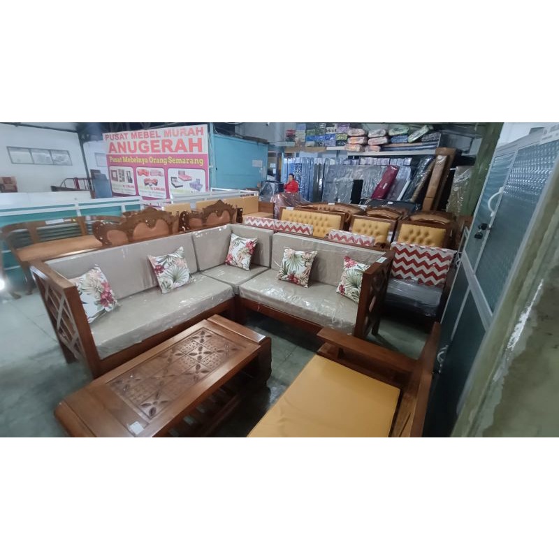 KURSI SUDUT SILANG JATI + MEJA JATI + JOK LEPAS + BANTAL 5 PCS