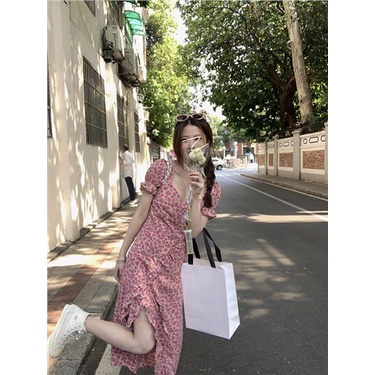 Red Versi Korea dari layar penuh gelombang man peach jantung kerah rok bunga temperamen Korea ramping puff lengan gaun celah sifon musim semi