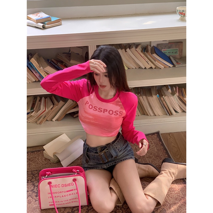 Red American Pink T-shirt Wanita Musim Panas Gadis Seksi Pendek Bagian Diri Budidaya Lengan Panjang Ketat Kemeja Desain mawar Merah Top