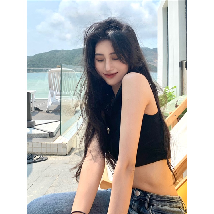 Red Hot girl POLO kerah gantung leher kamisol wanita musim panas baru dalam dan luar memakai slim putih pendek bottoming top