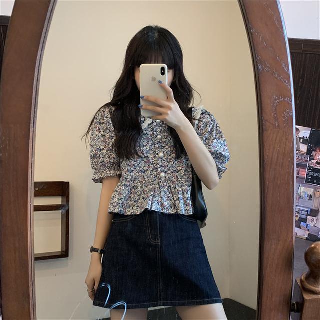 Red Setelan dua potong Korea lengan engah angin lembut French floral boneka kerah kemeja pinggang + rok denim musim panas