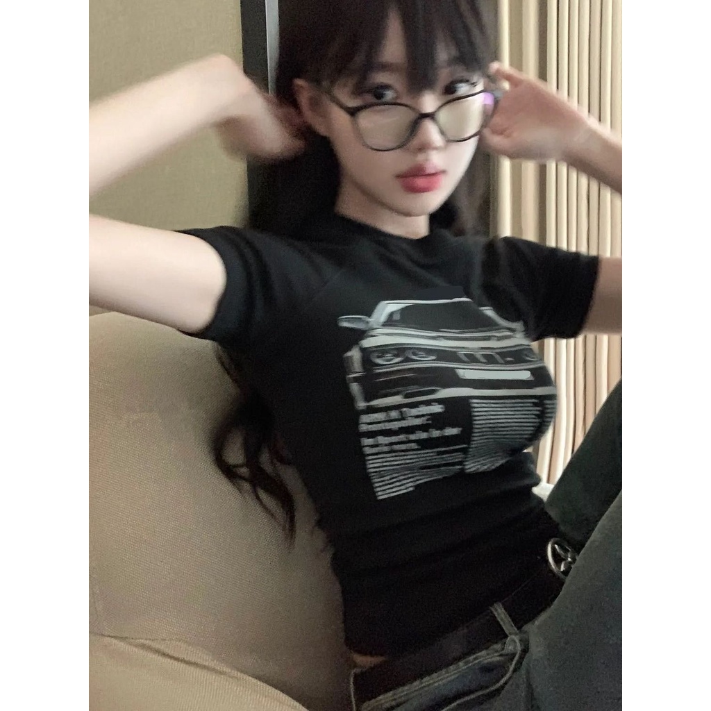 Red American retro gaya manis dan pedas gaya pendek rasa desain cetak slim fit slim fit pusar terkena lengan pendek T-shirt wanita in bahu depan atas