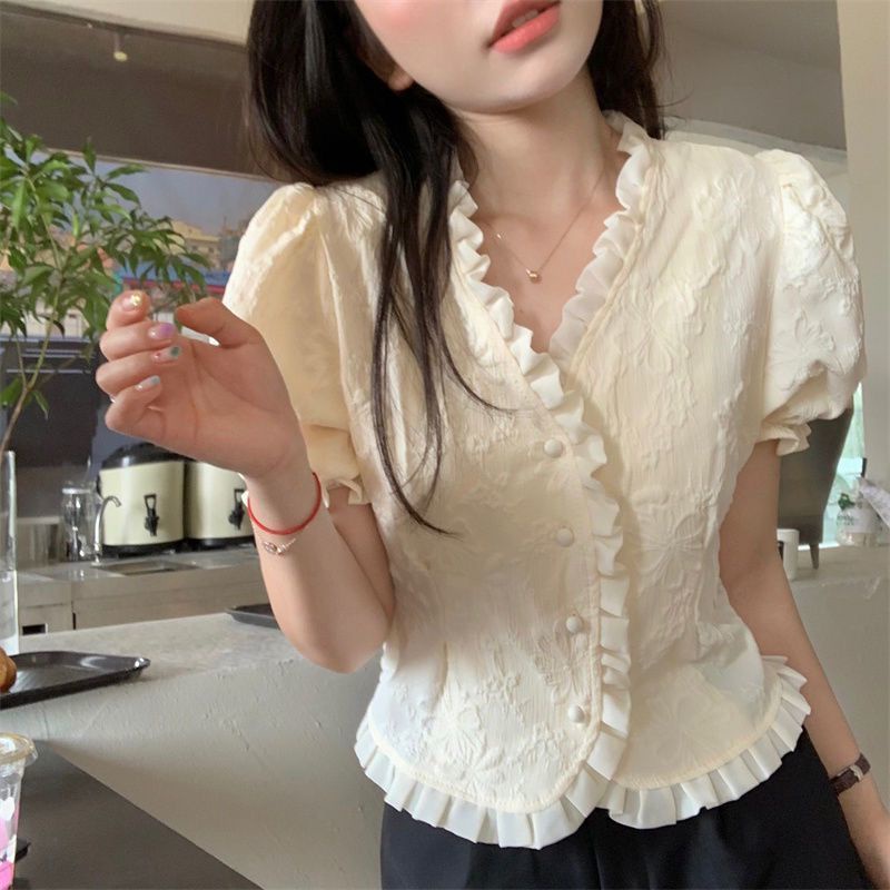 Red Kayu telinga sisi v-neck puff lengan kemeja wanita musim panas rasa desain ceruk Perancis chic slim pendek manis fan top