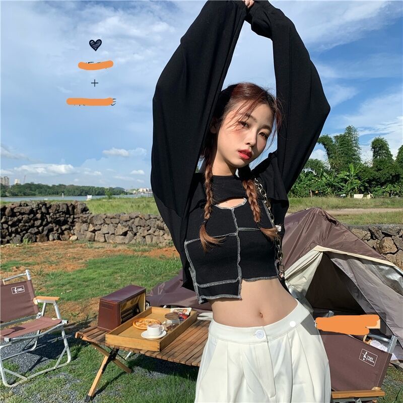 Red Net merah tidak teratur lengan panjang sweater wanita musim gugur versi Korea baru desain rasa hati-hati mesin rompi pendek selempang in