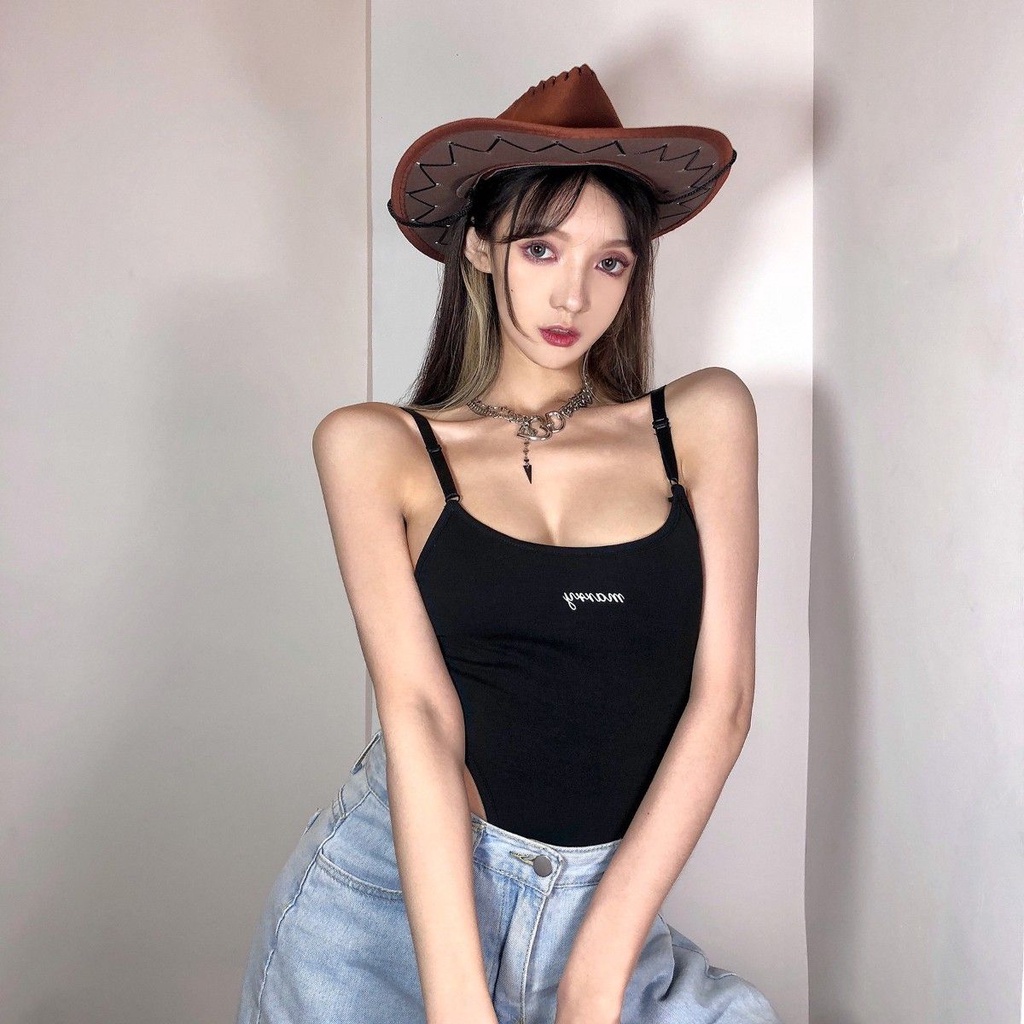 Red Musim Panas Baru Babes Seksi Eropa dan Amerika Serikat Retro Huruf Bordir Pinggang Jumpsuit Wanita Hitam Bottoming Strap Top