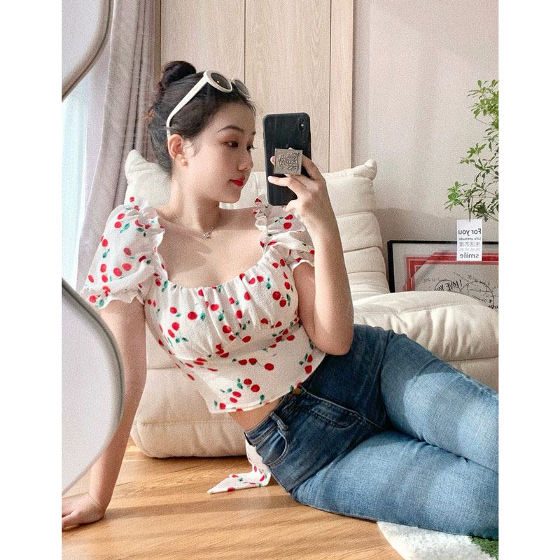 Red Sedikit gemuk MM murni keinginan angin engah lengan bunga one-shoulder top plus ukuran pakaian wanita penutup musim panas perut tipis tali kemeja kecil