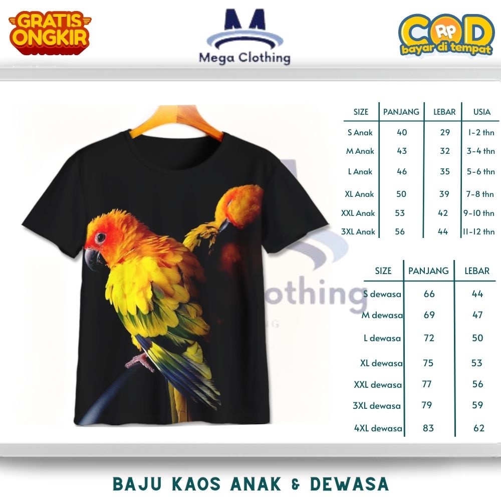 Kaos Hewan / Binatang Burung San Conure Parkit Matahari Anak & Dewasa - Baju Couple Anak & Dewasa Bu