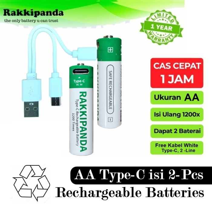 BATERAI AA A2 TYPE C 2 PCS RECHARGEABLE ISI ULANG RAKKIPANDA