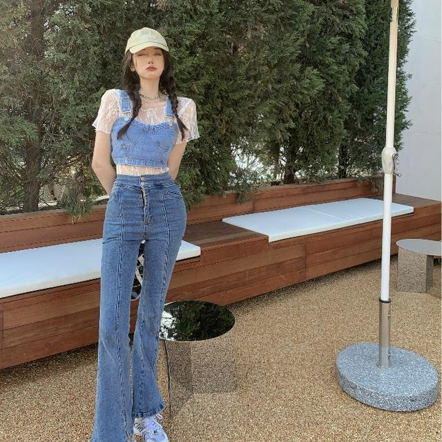 Red Denim strap net red vest wanita pakaian luar musim panas trendy hot girl one-piece suit short lace bottoming sleeveless top