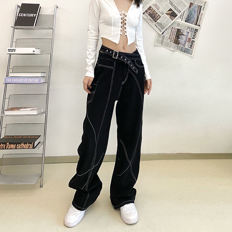 Red BIIKPIIK high street style dekorasi garis cerah jeans kepribadian desain kaki celana jalan lebar pasang