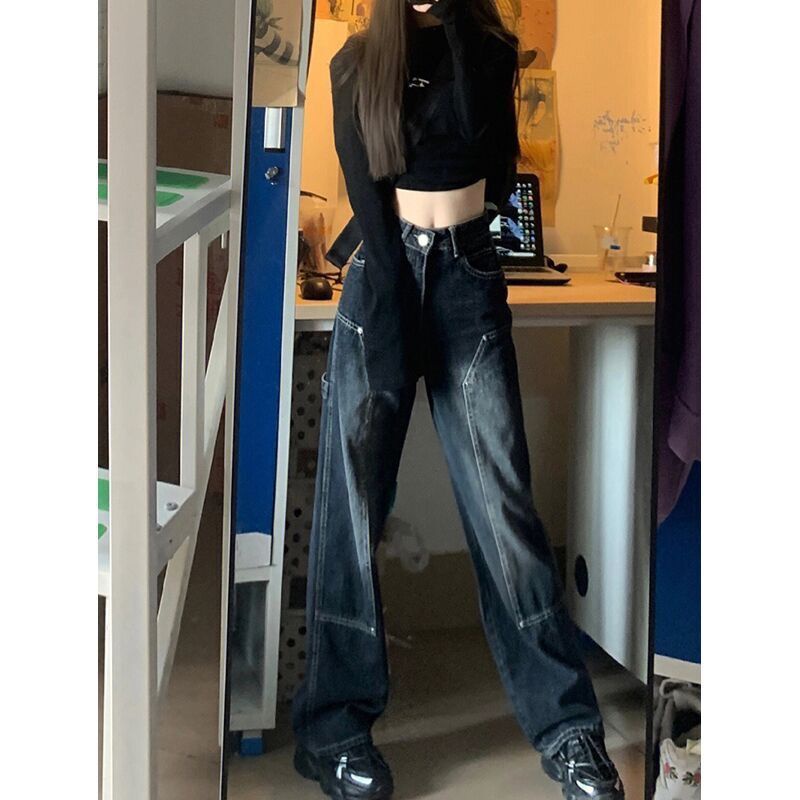 Red American retro jeans wanita musim semi dan musim panas high street in high waist loose straight slim flared pants sedikit flared wide leg pants