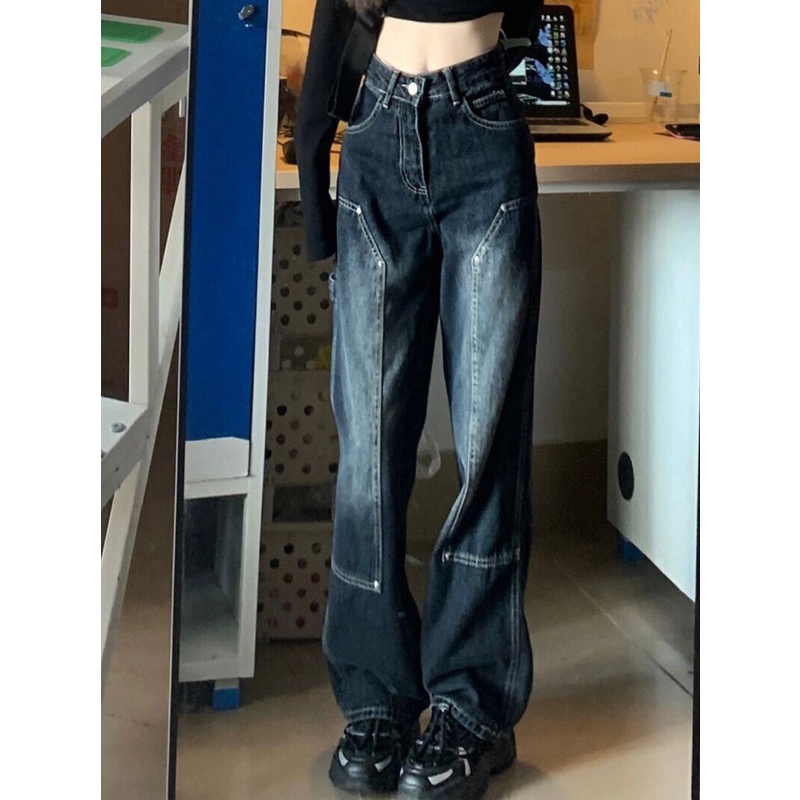 Red American retro jeans wanita musim semi dan musim panas high street in high waist loose straight slim flared pants sedikit flared wide leg pants