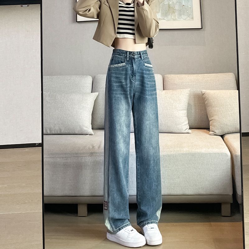 Red Pinggang tinggi lurus musim panas bagian tipis baru longgar retro tinggi kaki lebar kepribadian gaya elegan mengepel jeans wanita
