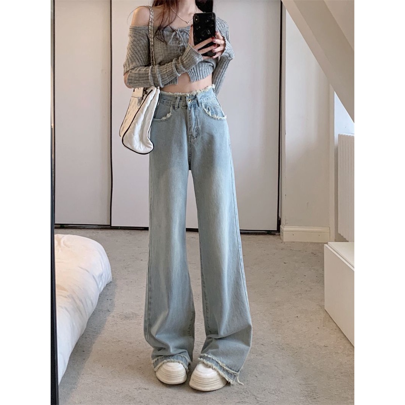 Red Tinggi dan panjang rasa desain raw edge straight jeans wanita musim semi pinggang tinggi longgar slim lebar kaki mengepel celana