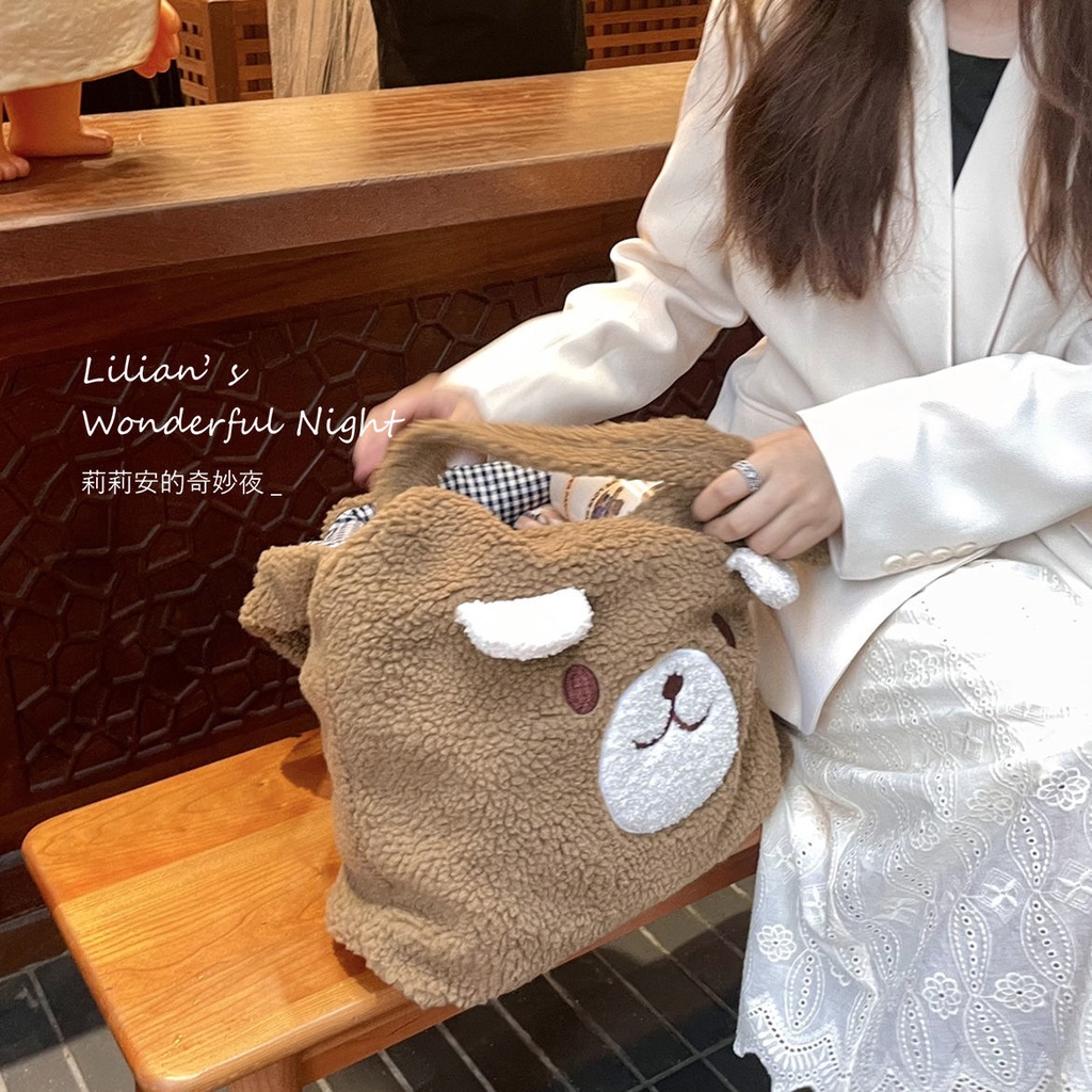 ∋►☸Sera  Lilian Smiley Big Bear Plush Bag Women s Advanced Sense Tas Bahu Lucu Nyaman Berkapasitas Besar untuk Siswa di Kelas