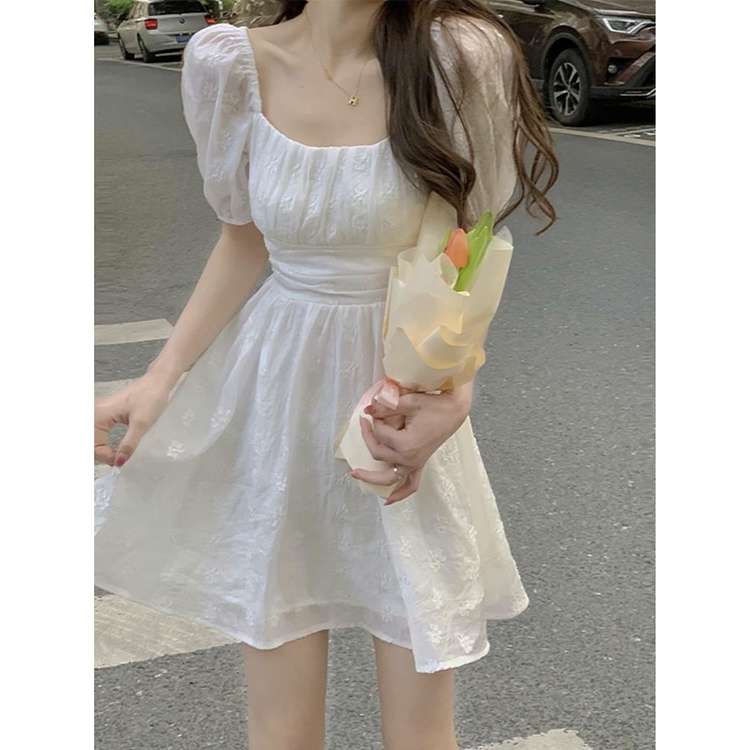 Red Gaun lengan pendek lengan engah Prancis wanita musim panas bagian tipis pinggang pelangsing putih rok pendek yang indah cinta pertama rok istirahat teh