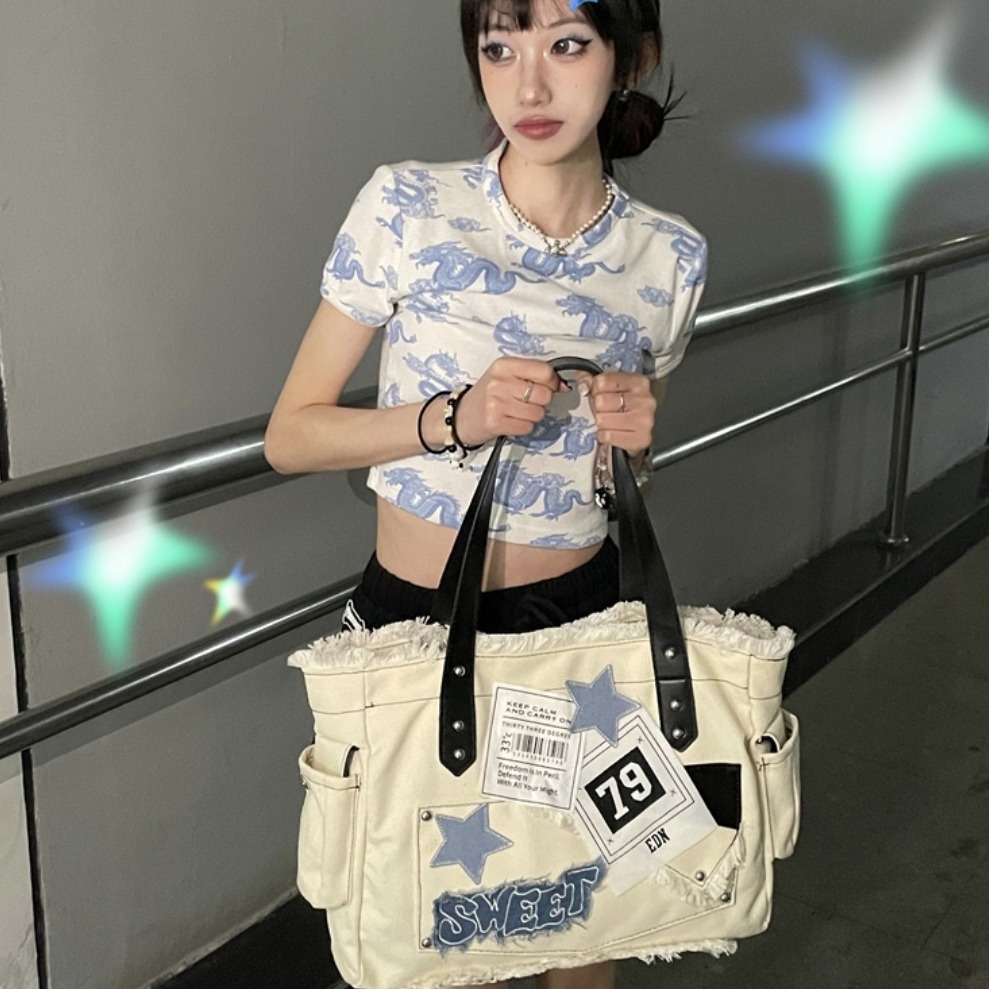 ▽Sera Asli Tote Tas Star Niche Manis Keren Y2K Kapasitas Besar Kanvas Abby Commuter Portable Tas Bahu