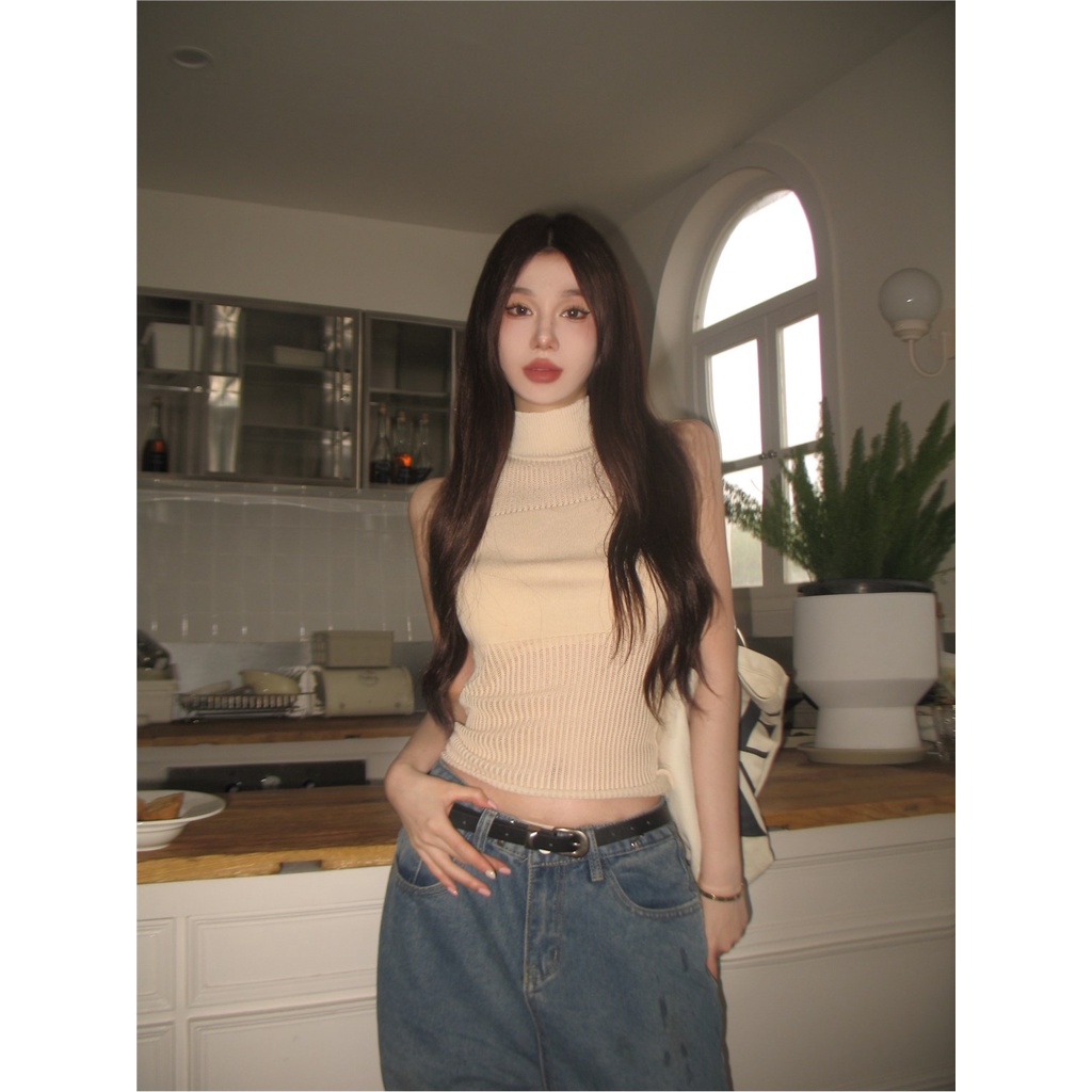 ☜☌▪Suhao gadis panas manis kerah tinggi kamisol rajutan kamisol musim panas wanita berbentuk I benang seksi elastis atasan pendek bagian dalam dengan crop top tank top seksi wanita motif
