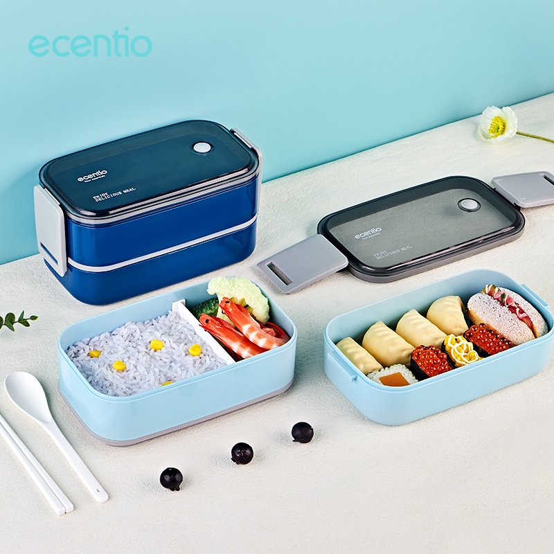 ecentio Kotak Bekal anti tumpah 1600ml Kotak Makan 2 susun Dark biru tempat makanan Double layer Bento lunch box set Free sendok&amp;sumpit warna