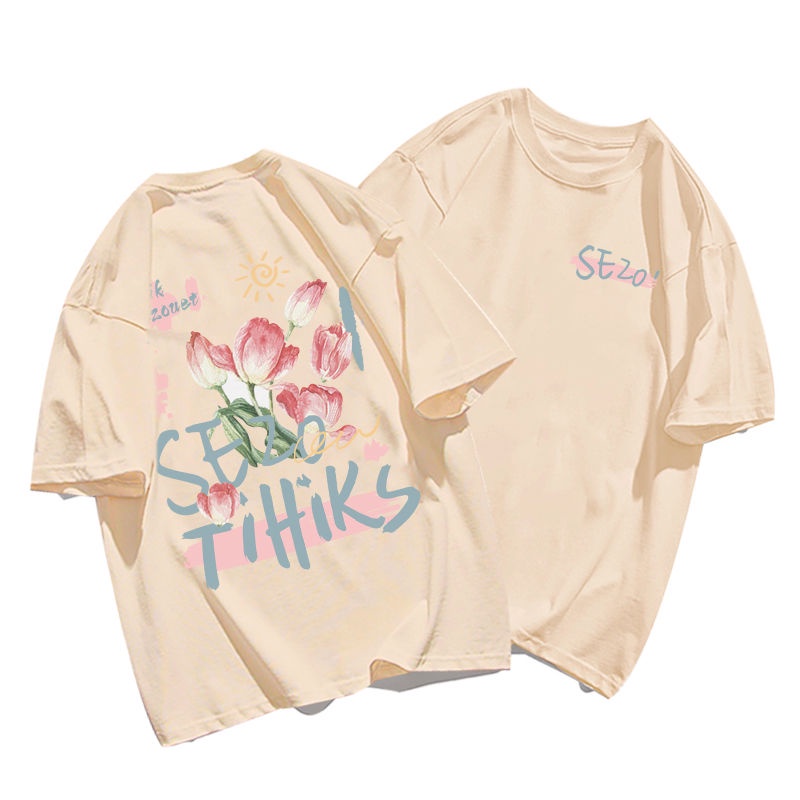 Red 100% Katun Berat 230G Putih Putih Gaya Amerika Tipis Lengan Pendek T-shirt Wanita Oversize Rose Top