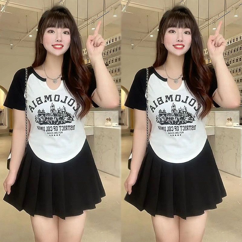 Red Daging Kecil Yao Ukuran Besar Longgar V-Leher Penutup Pelangsing Perut Retro Jahitan Cetak Huruf Top Lengan Pendek Fat Sister t-shirt Wanita